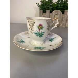 Vintage Noritake China Teacup Saucer Set Thistle Floral Gold Trim Japan